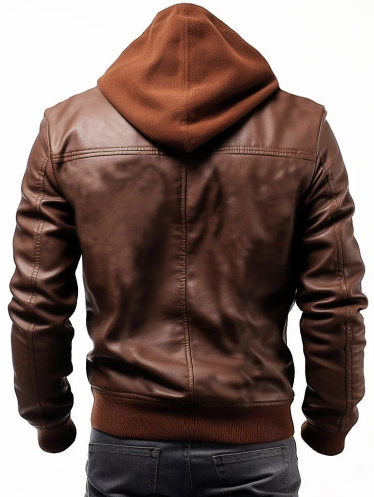 Back view of a Scarlett Stitch men's brown faux leather hooded jacket with ribbed hem and cuffs on a model.