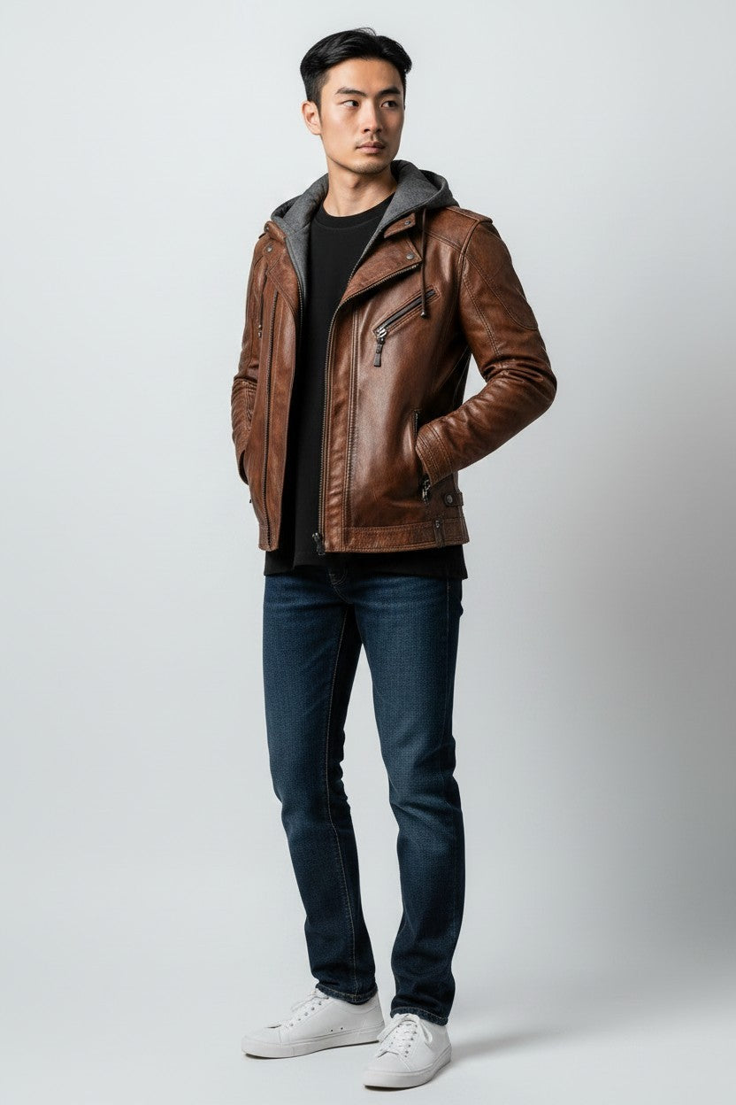 Scarlett Stitch men's brown distressed leather motorcycle jacket with a grey knit hood, worn with jeans and sneakers.