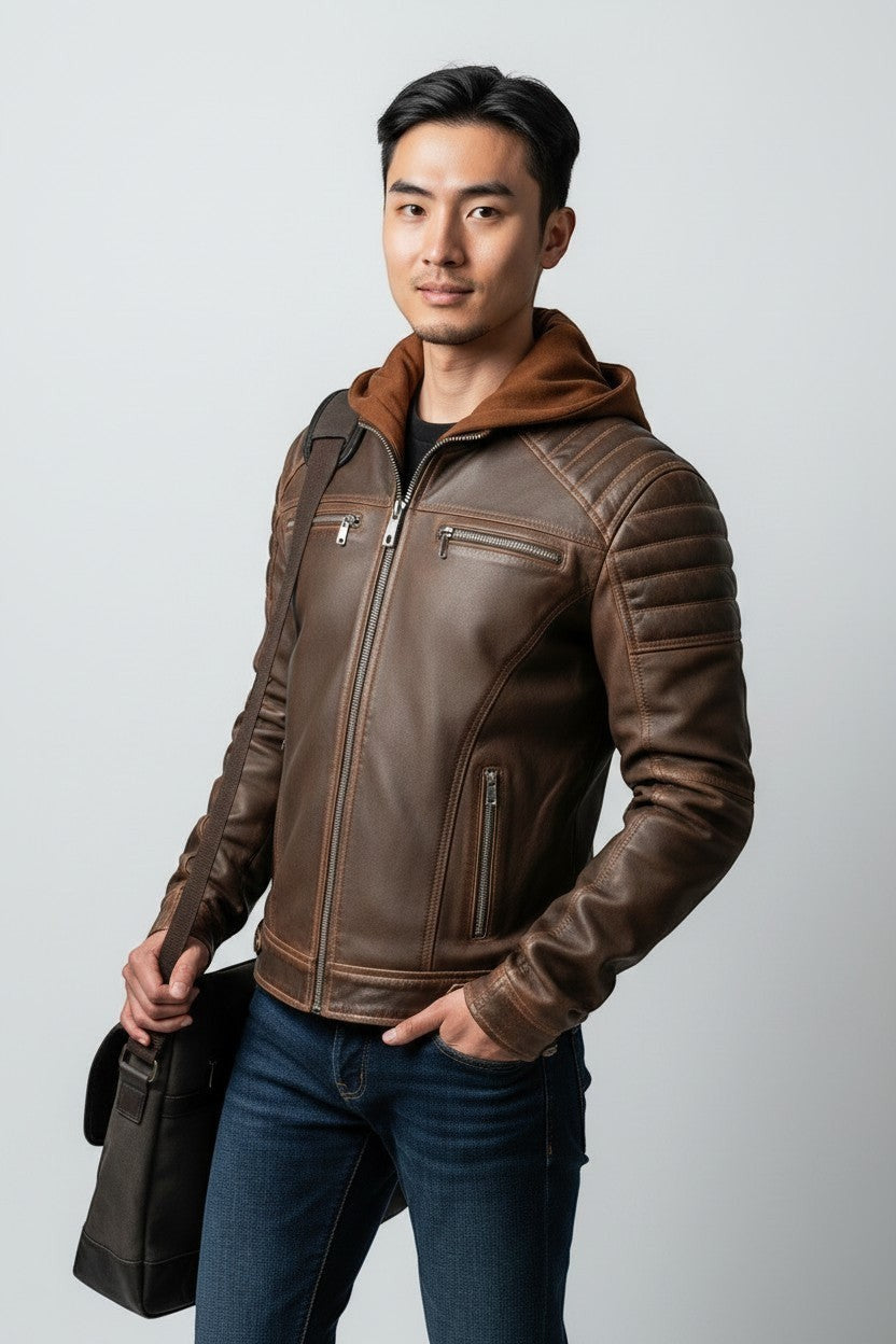 Scarlett Stitch men's brown leather jacket with a soft hooded insert, quilted shoulders, and silver-tone hardware.