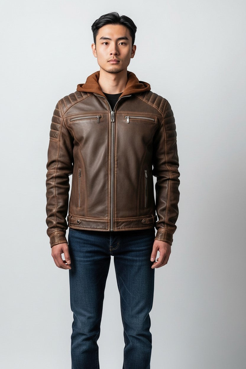 Scarlett Stitch men's brown leather jacket with a hooded insert, quilted shoulder panels, and silver-tone zippers.