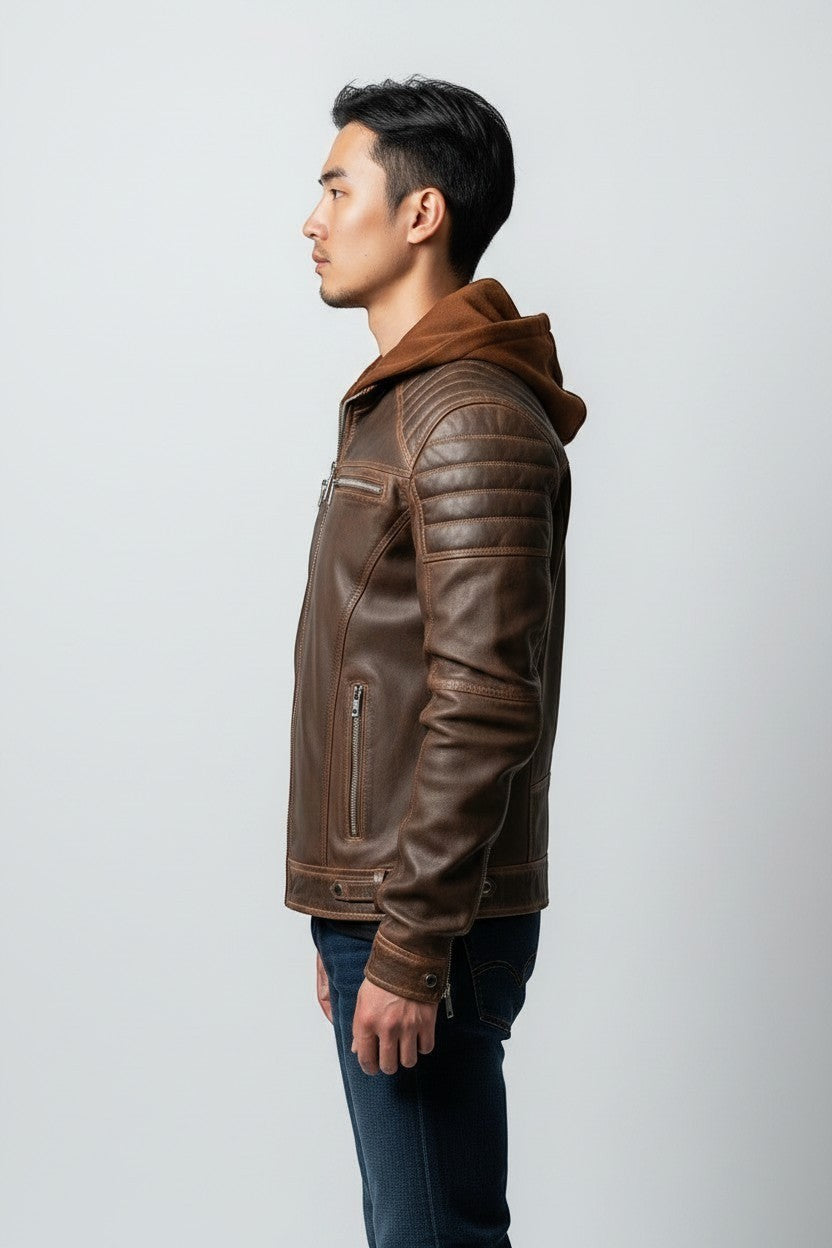 Scarlett Stitch men's brown leather jacket with a hood, quilted shoulders, and zippered pockets, side profile view.