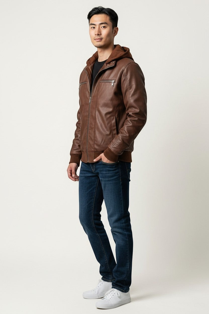 Scarlett Stitch men's brown faux leather hooded jacket with ribbed cuffs and silver zippers worn by a male model