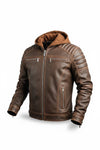 Scarlett Stitch men's brown leather jacket with a soft brown hood, quilted shoulder panels, and silver-tone hardware.