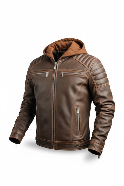 Scarlett Stitch men's brown leather jacket with a soft brown hood, quilted shoulder panels, and silver-tone hardware.