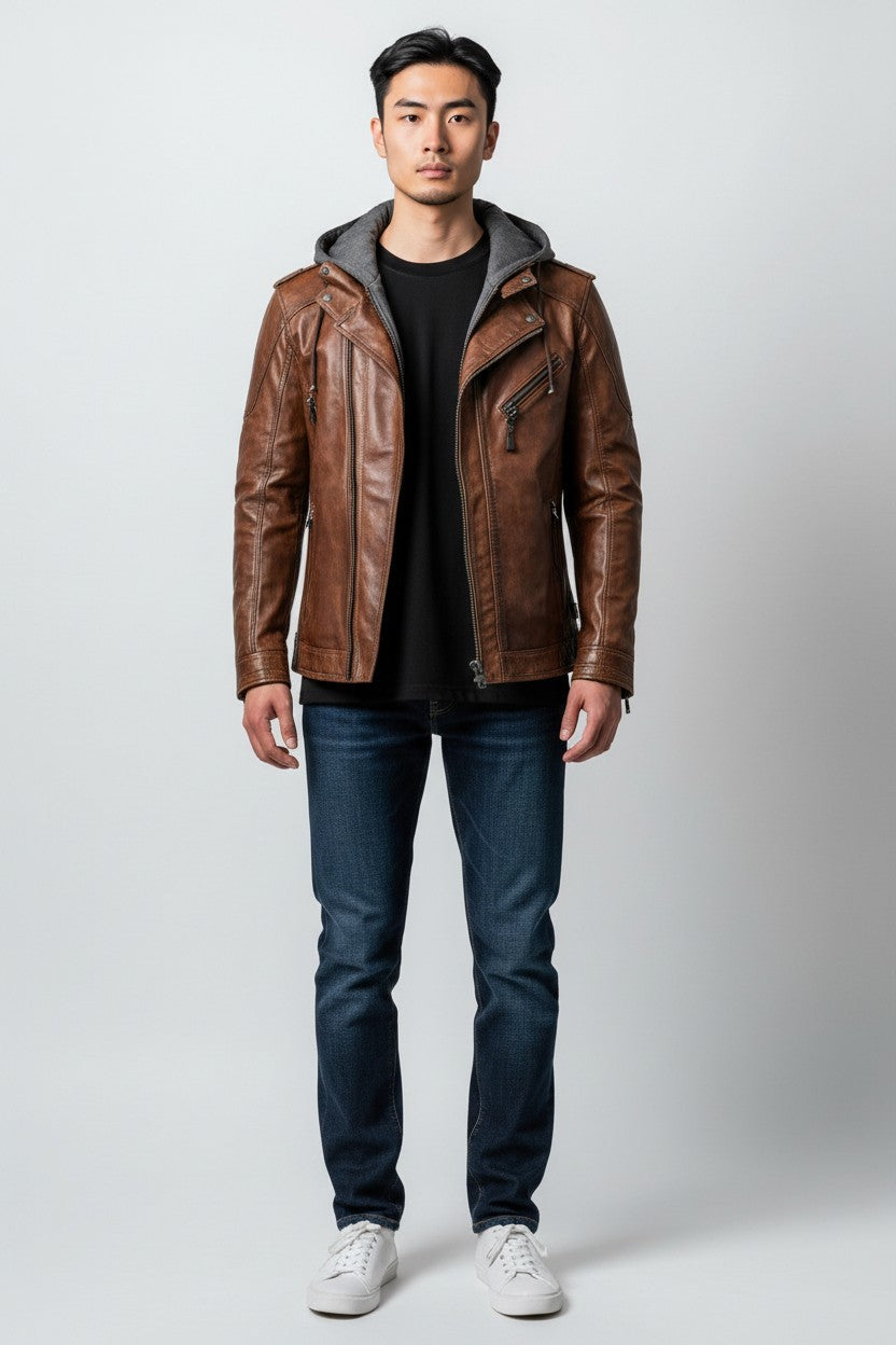 Scarlett Stitch men's brown distressed leather motorcycle jacket with a grey knit hood worn by a model.