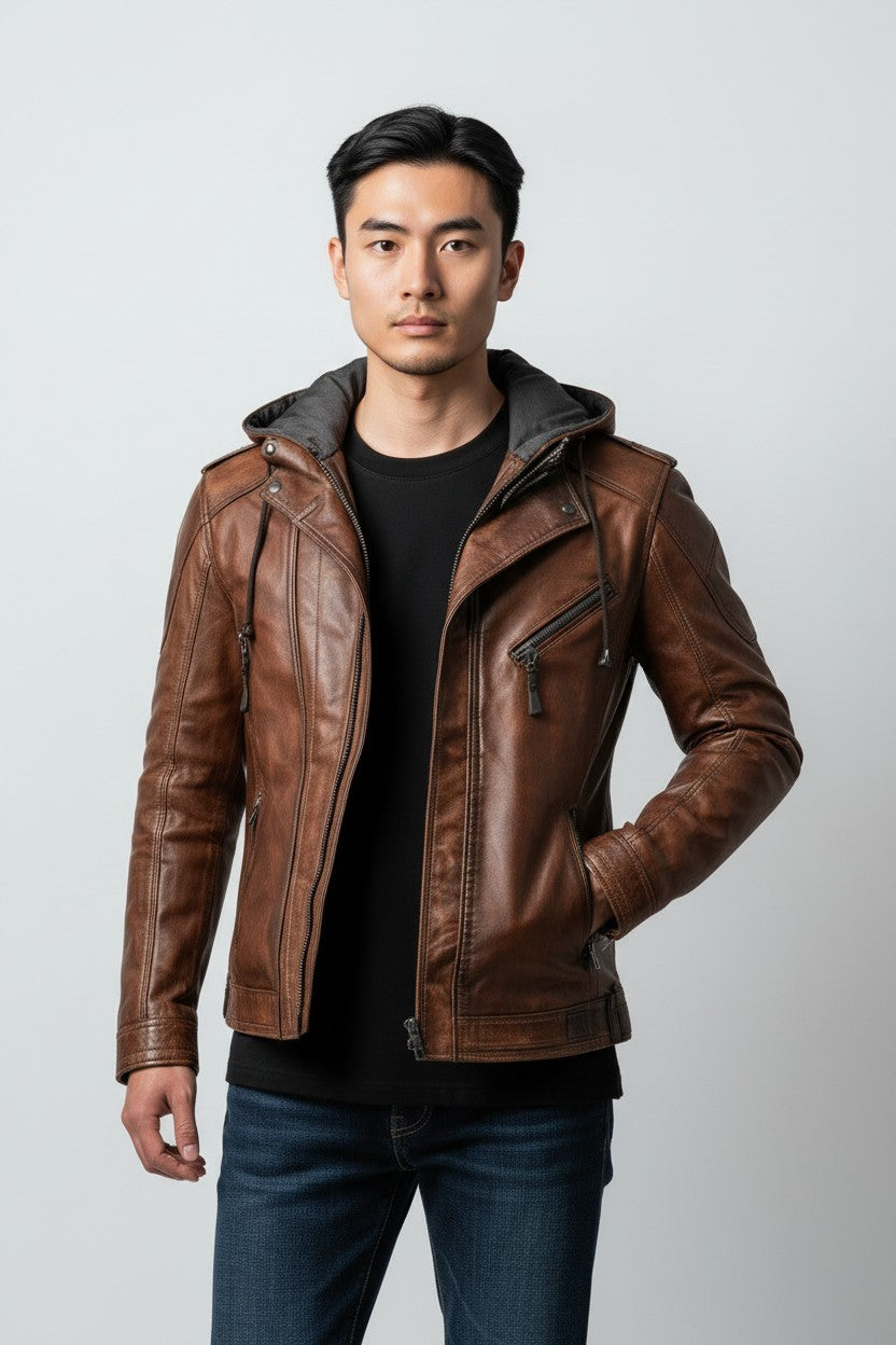 Scarlett Stitch brown distressed leather motorcycle jacket with a grey knit hood worn by a man on a white background