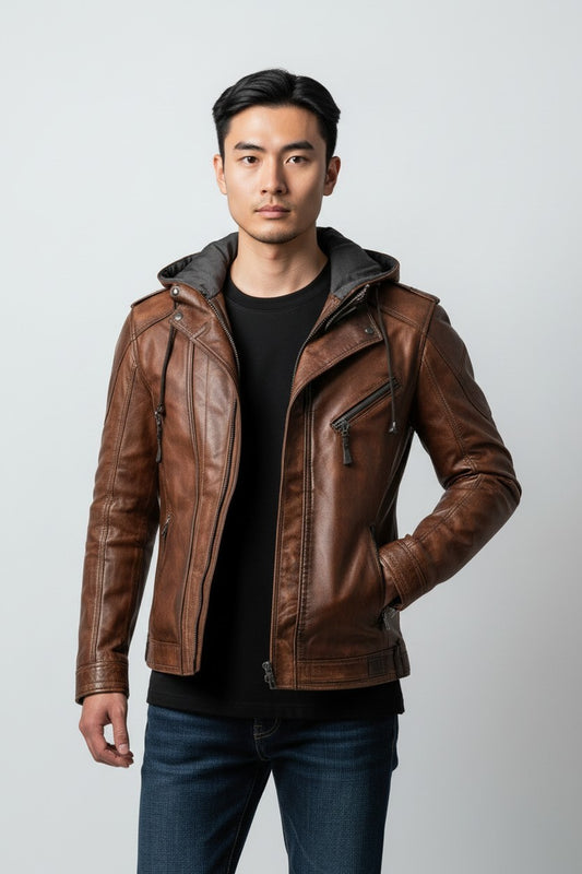 Scarlett Stitch brown distressed leather motorcycle jacket with a grey knit hood worn by a man on a white background