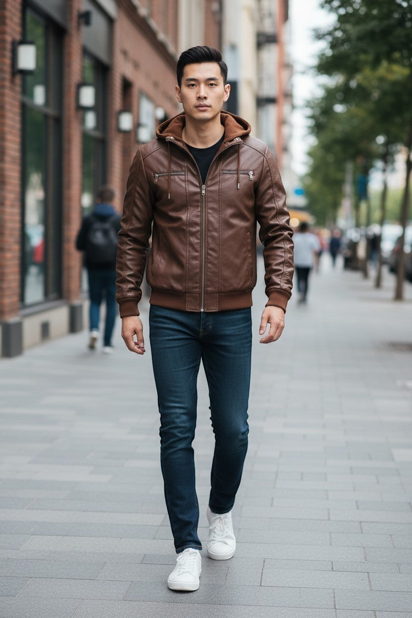 Scarlett Stitch men's brown faux leather hooded jacket with ribbed cuffs and silver zippers worn with jeans and sneakers