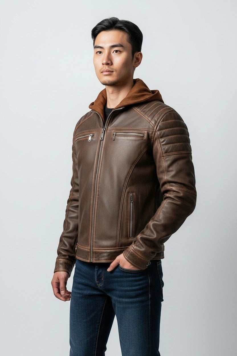 Scarlett Stitch men's brown leather jacket with a soft hooded insert, quilted shoulders, and silver-tone hardware.