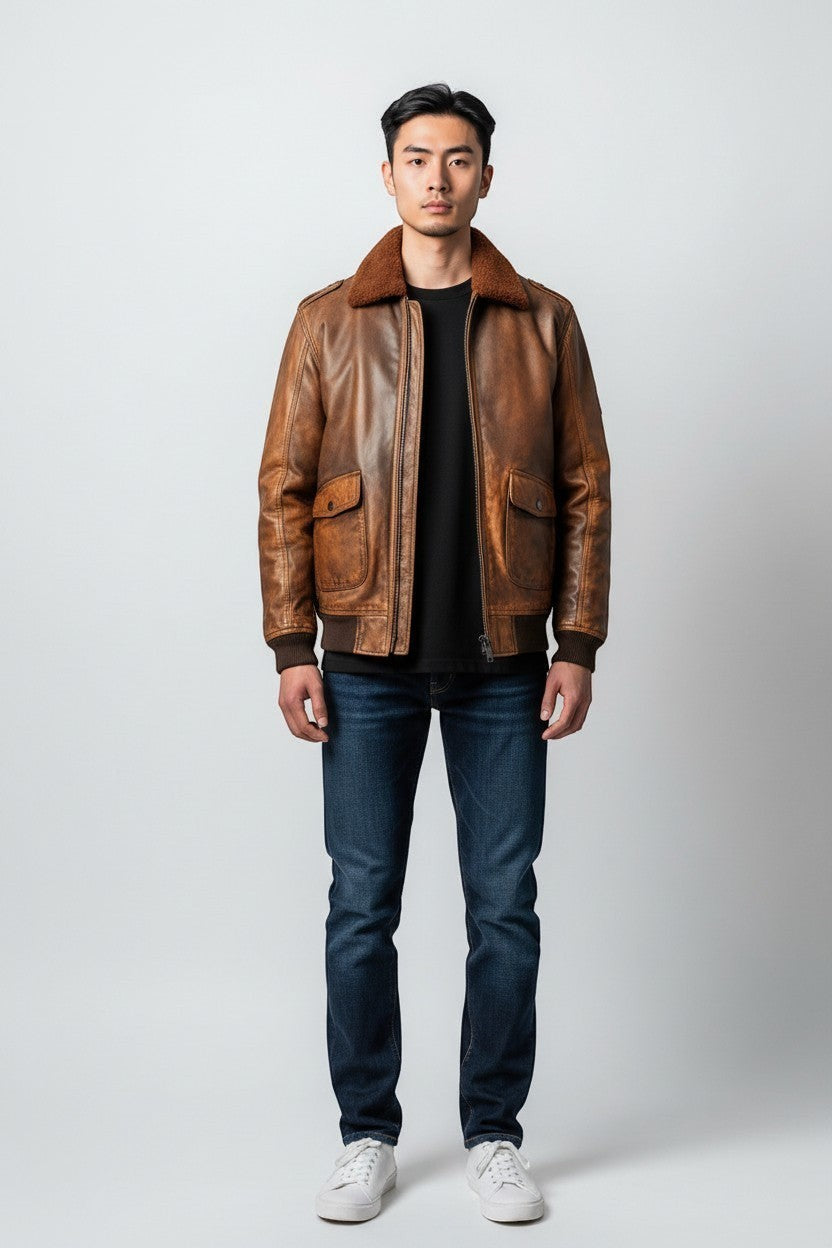 Scarlett Stitch Men's distressed brown faux leather bomber jacket with shearling collar, ribbed cuffs, and flap pockets.