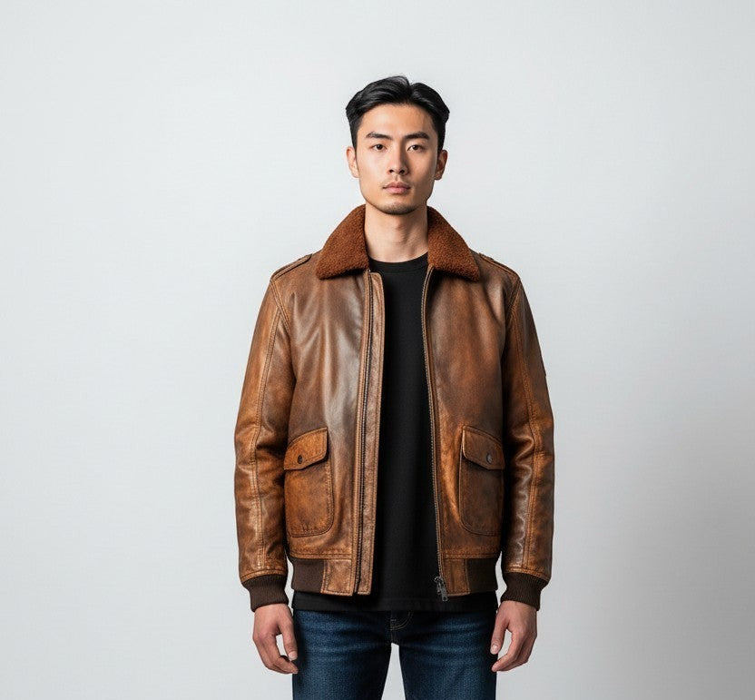 Flight Bomber Jacket - Aviator Flight Bomber Leather Jacket Vintage Brown