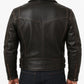 Back view of Scarlett Stitch dark brown leather biker jacket with contrast stitching and zippered cuffs.