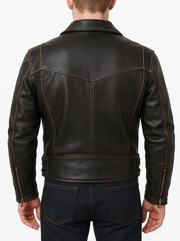 Back view of Scarlett Stitch dark brown leather biker jacket with contrast stitching and zippered cuffs.