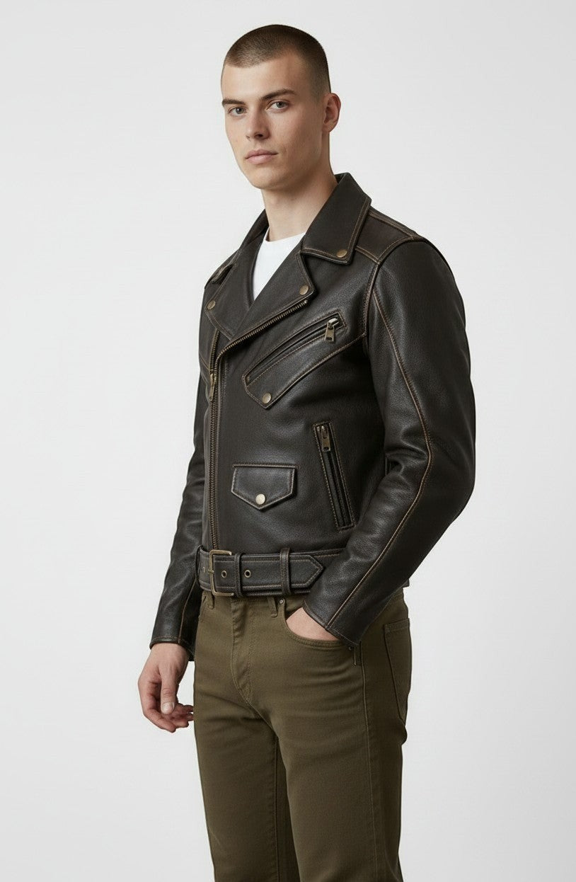 Scarlett Stitch dark brown leather biker jacket with contrast stitching, metal zippers, and waist belt on a model.