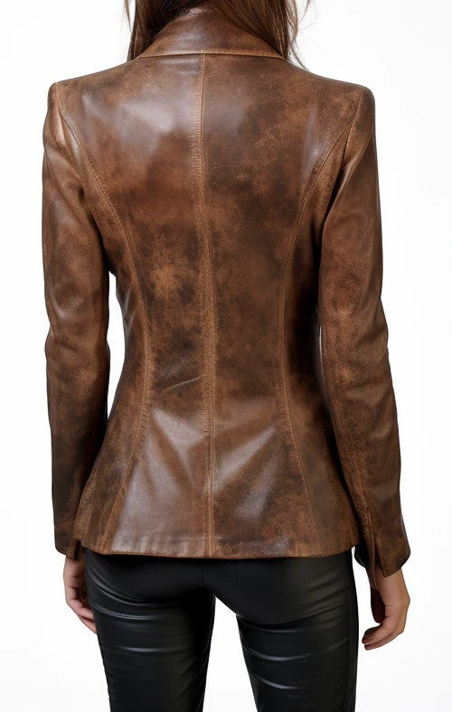 Scarlett Stitch women's tailored brown leather blazer with a distressed finish, shown from the back view.