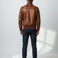Scarlett Stitch men's distressed brown genuine leather bomber jacket with ribbed collar, cuffs, and hem.