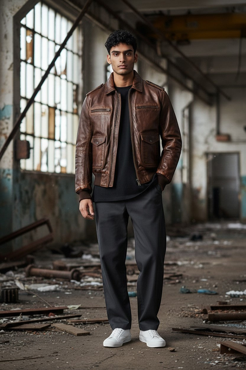 Scarlett Stitch Men's distressed brown leather bomber jacket with shirt collar, zipper, and ribbed cuffs. Model wears it with a black t-shirt and grey trousers.