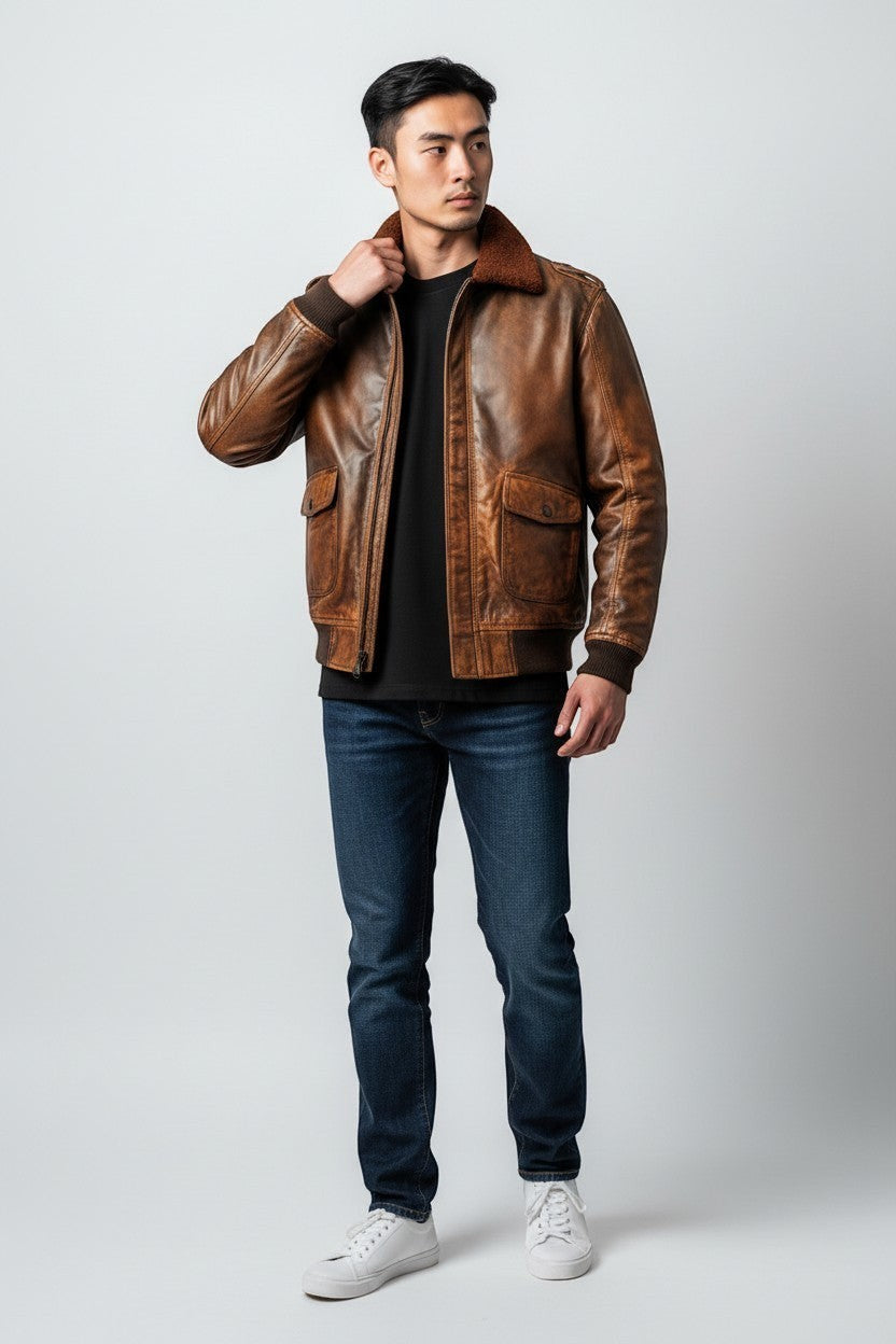 Scarlett Stitch Men's distressed brown faux leather bomber jacket with shearling collar and ribbed cuffs.