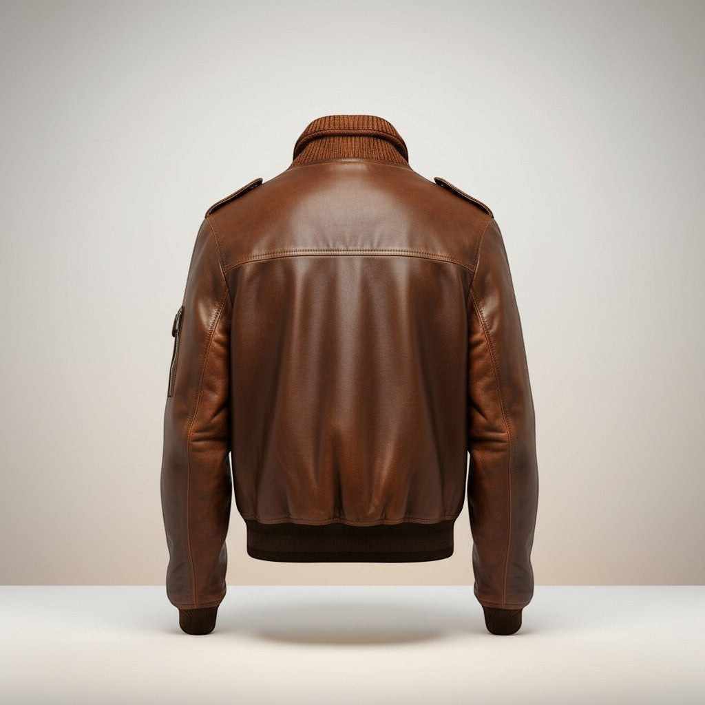 Scarlett Stitch Men's brown leather bomber jacket with ribbed collar, cuffs, and hem. Features epaulets and zip closure.