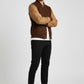 Scarlett Stitch Men's classic brown wool-blend bomber jacket with tan leather sleeves, ribbed collar, cuffs, and hem.