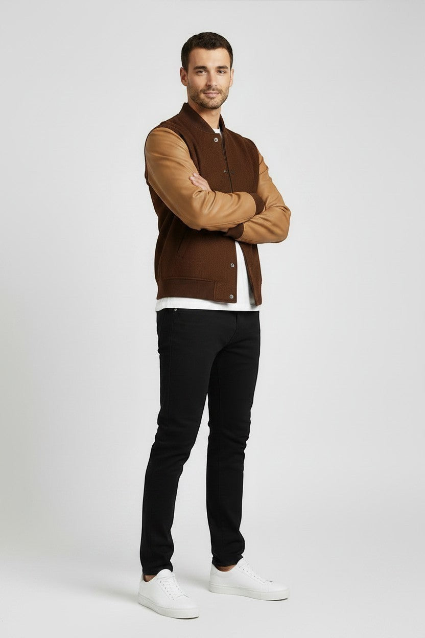 Scarlett Stitch Men's classic brown wool-blend bomber jacket with tan leather sleeves, ribbed collar, cuffs, and hem.