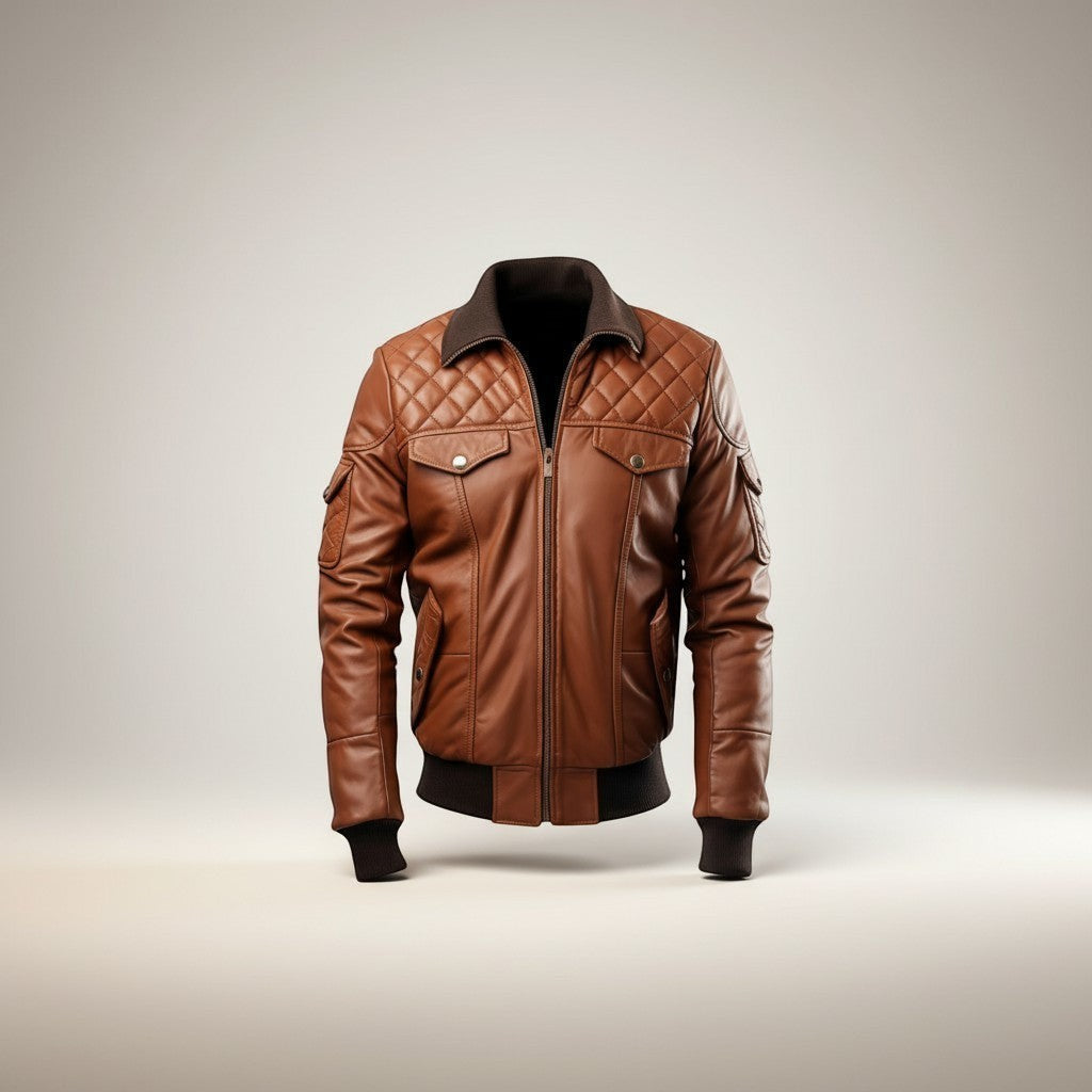 Scarlett Stitch Men's brown quilted faux leather bomber jacket with ribbed collar, cuffs, and hem.