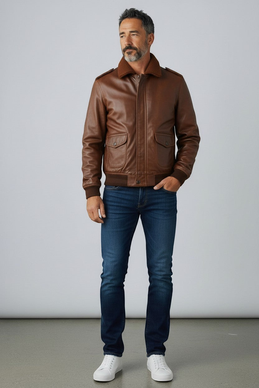 Scarlett Stitch men's brown leather bomber jacket with ribbed collar, cuffs, and hem. Features epaulets and dual chest pockets.