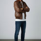 Scarlett Stitch Men's classic brown leather bomber jacket with ribbed collar, cuffs, and hem. Features epaulets and zip front.