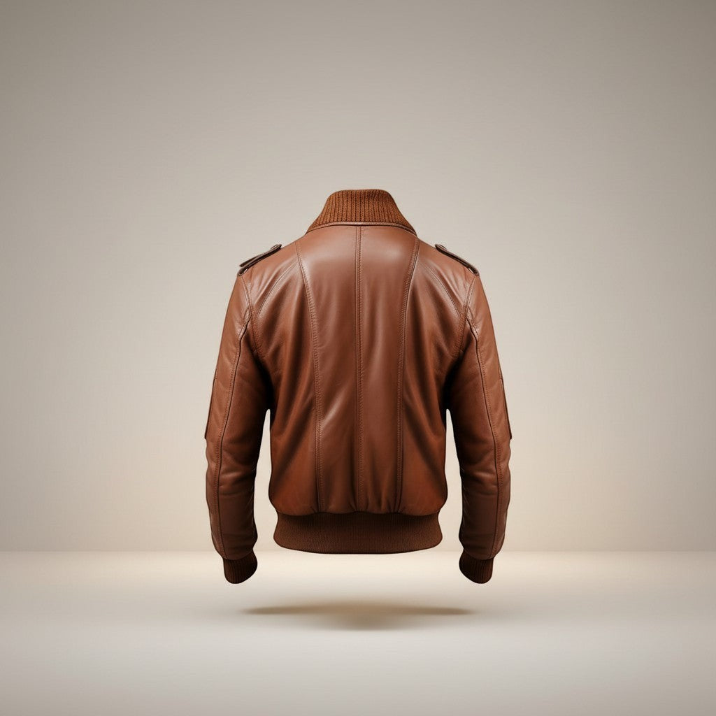 Scarlett Stitch Men's brown genuine leather bomber jacket with ribbed collar, cuffs, and hem. Features epaulets and flap pockets.