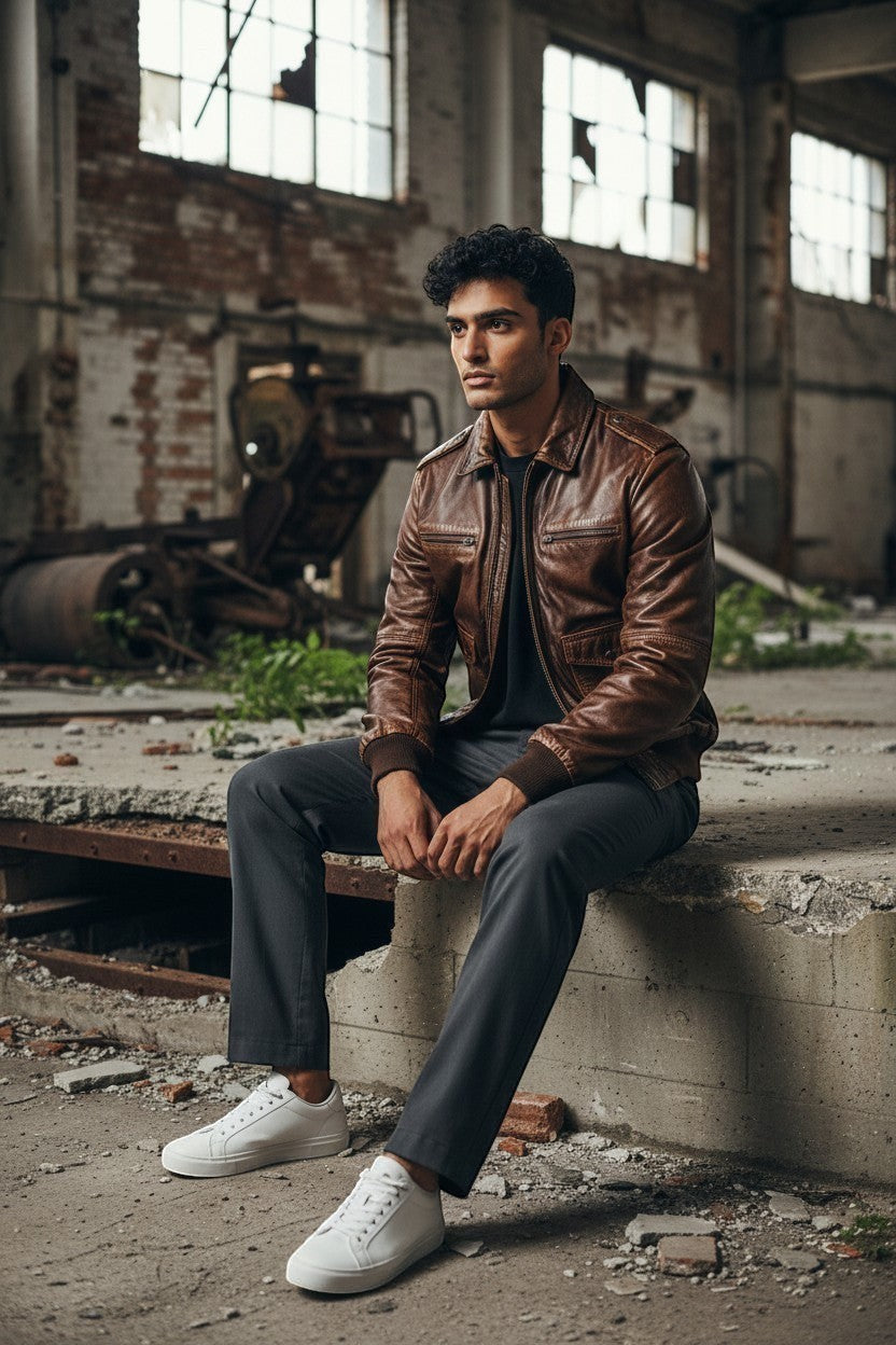 Scarlett Stitch distressed brown leather bomber jacket with shirt collar, zipper, and ribbed cuffs on a man.