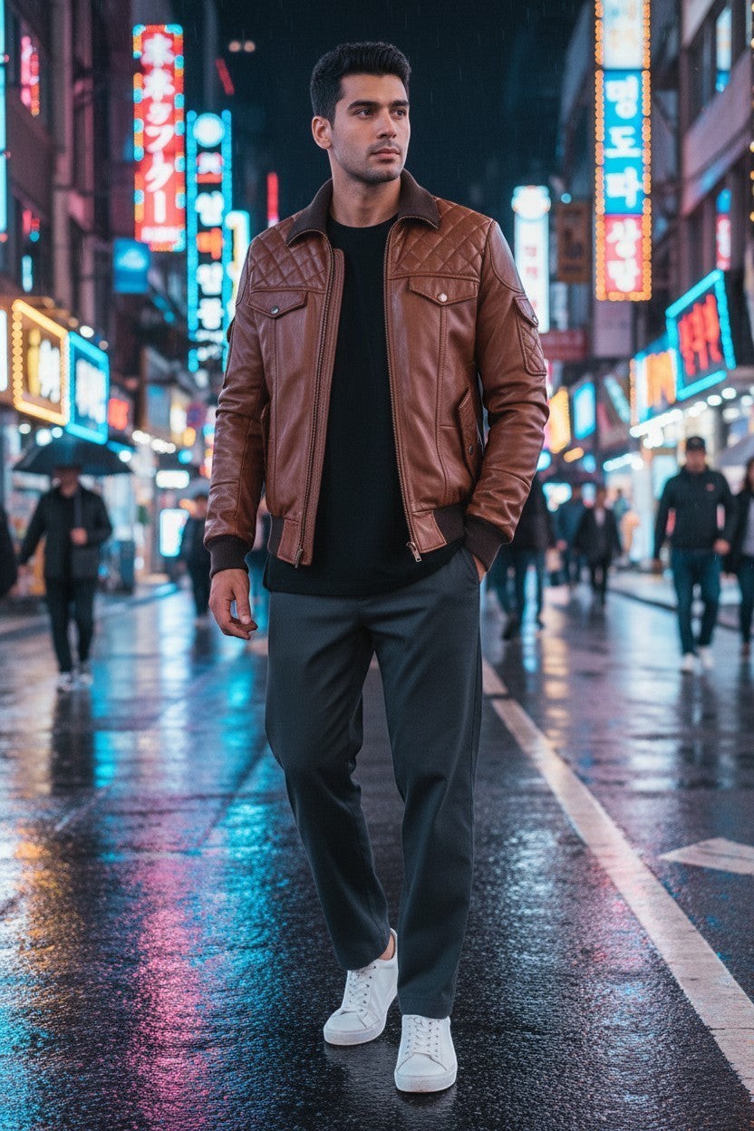 Scarlett Stitch Men's brown quilted faux leather bomber jacket with ribbed collar, cuffs, and hem.