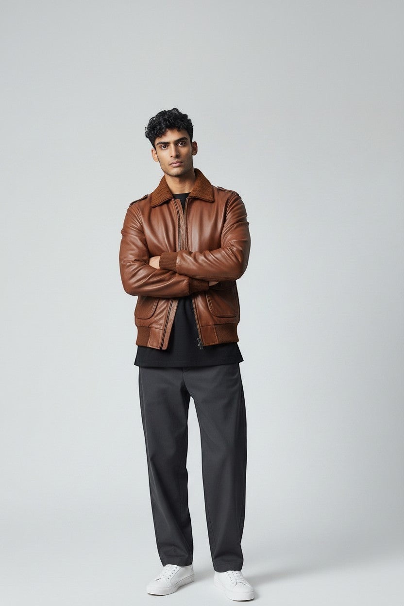 Scarlett Stitch men's brown genuine leather bomber jacket with ribbed collar, cuffs, and hem. Features zipper closure and flap pockets.