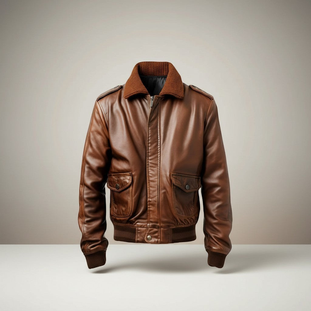 Scarlett Stitch Men's brown leather bomber jacket with ribbed collar, cuffs, and hem. Features dual chest pockets and side pockets.