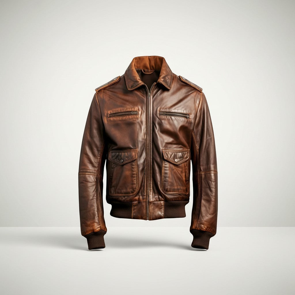 Scarlett Stitch distressed brown leather bomber jacket with shirt collar, zipper, ribbed cuffs, and four pockets.