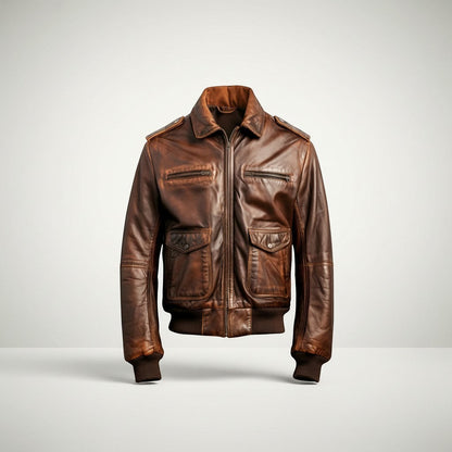 Scarlett Stitch distressed brown leather bomber jacket with shirt collar, zipper, ribbed cuffs, and four pockets.