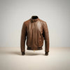 Scarlett Stitch men's brown quilted genuine leather bomber jacket with stand collar and zip front.