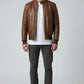 Scarlett Stitch Men's brown quilted genuine leather bomber jacket with stand collar and zip front.