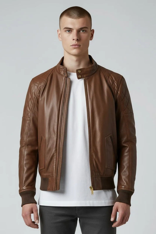 Scarlett Stitch men's brown quilted faux leather bomber jacket with stand collar and ribbed cuffs.