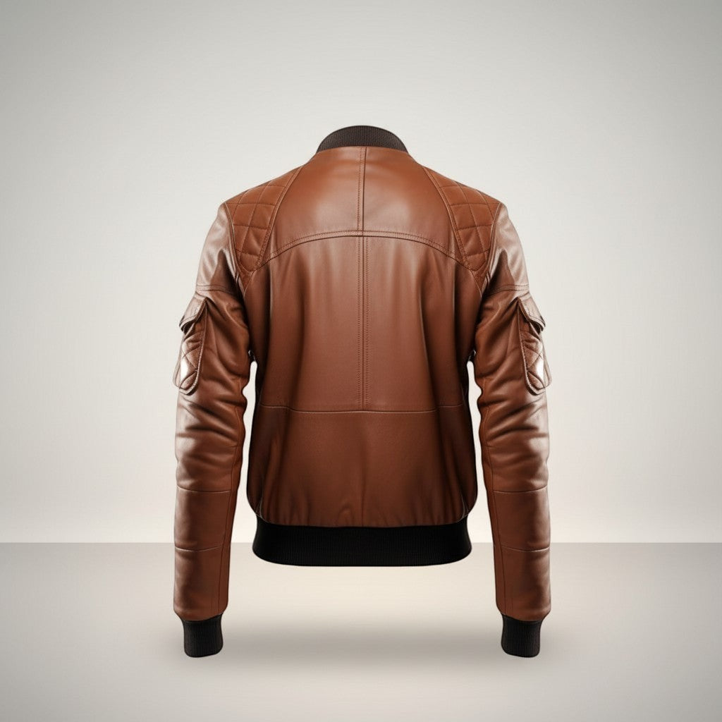 Scarlett Stitch men's brown quilted faux leather bomber jacket with ribbed collar, cuffs, and hem.