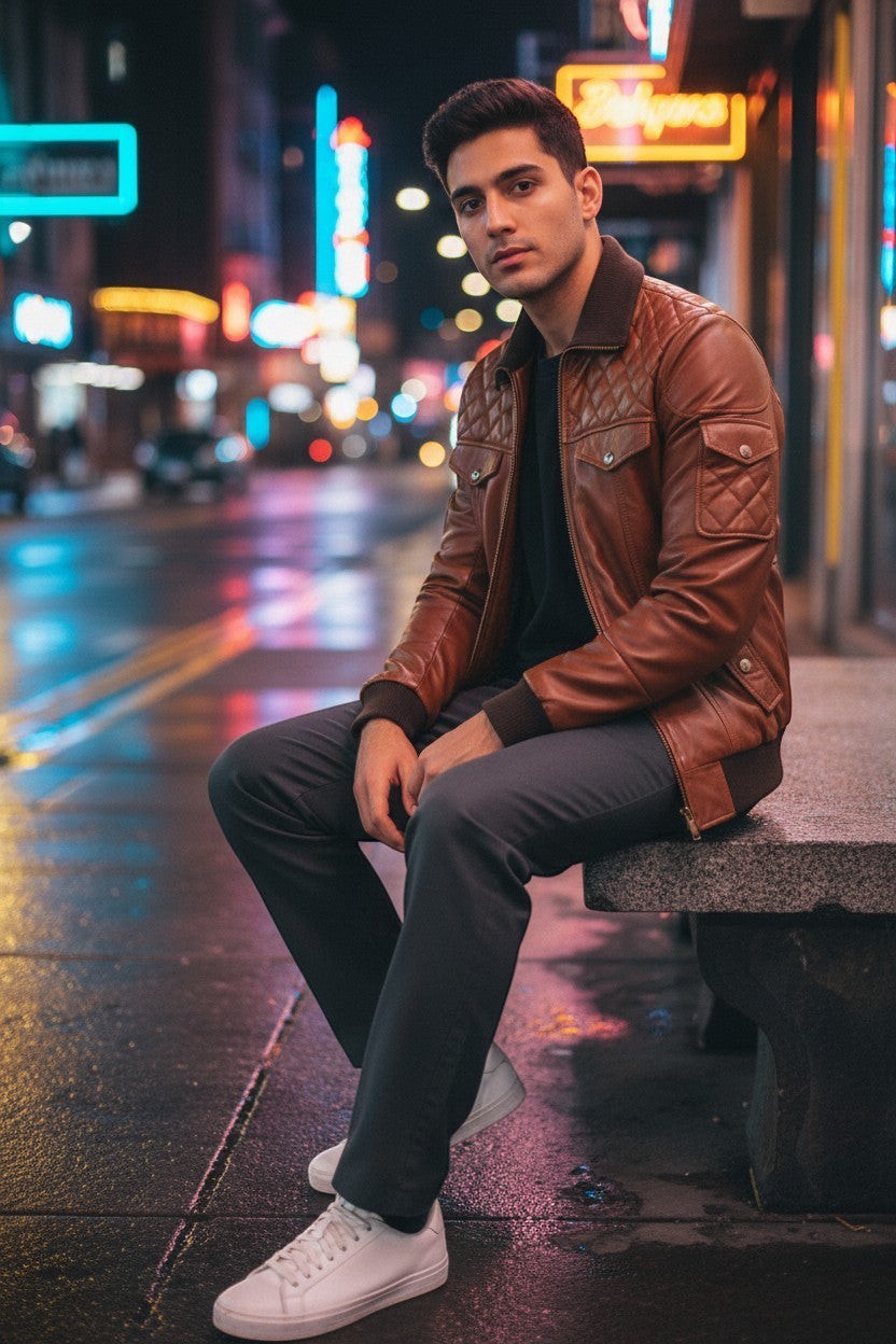 Scarlett Stitch men's brown quilted faux leather bomber jacket with ribbed collar, cuffs, and hem.