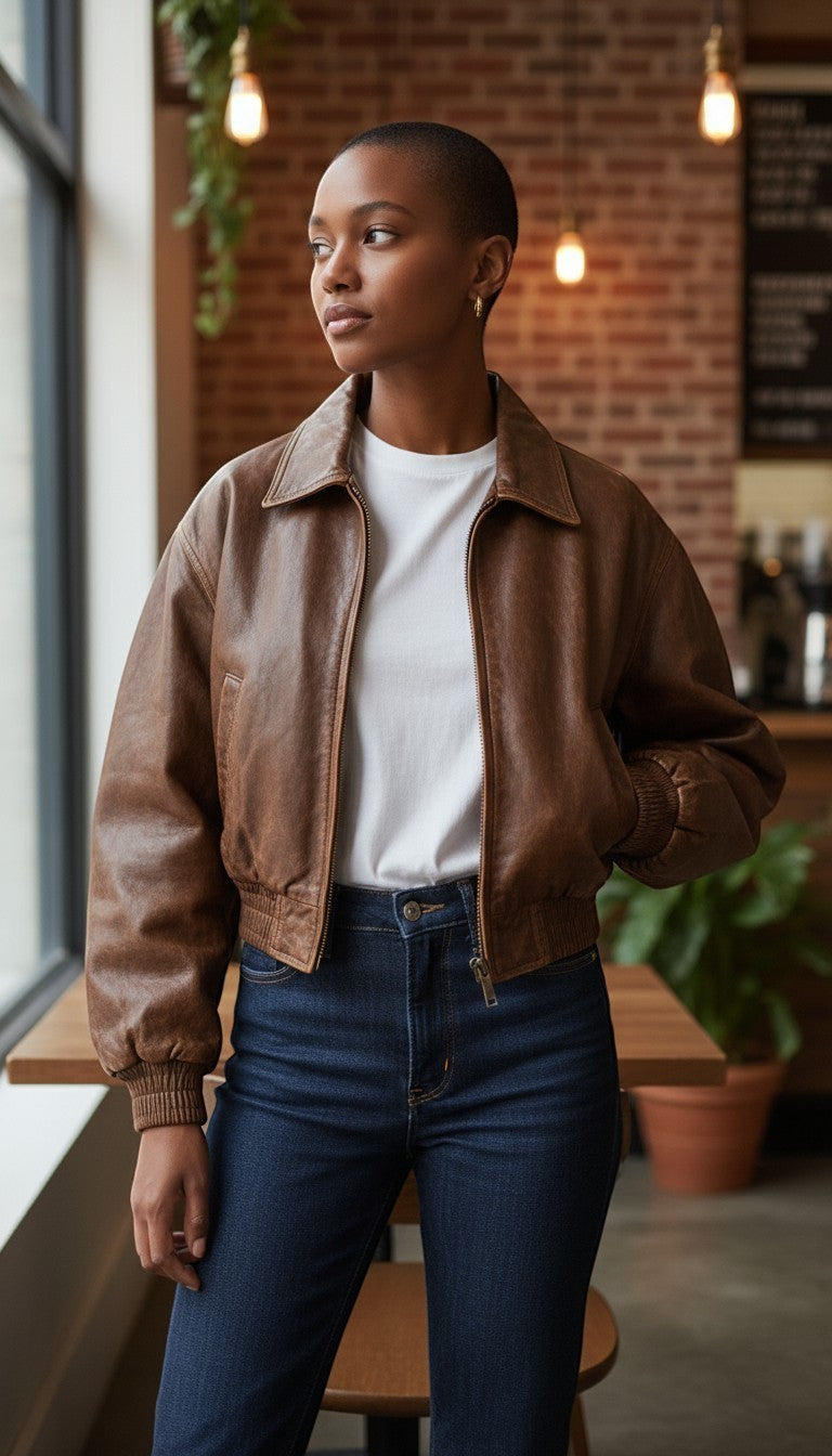 Scarlett Stitch distressed brown leather cropped bomber jacket with collar, zip-front, and elasticated cuffs.