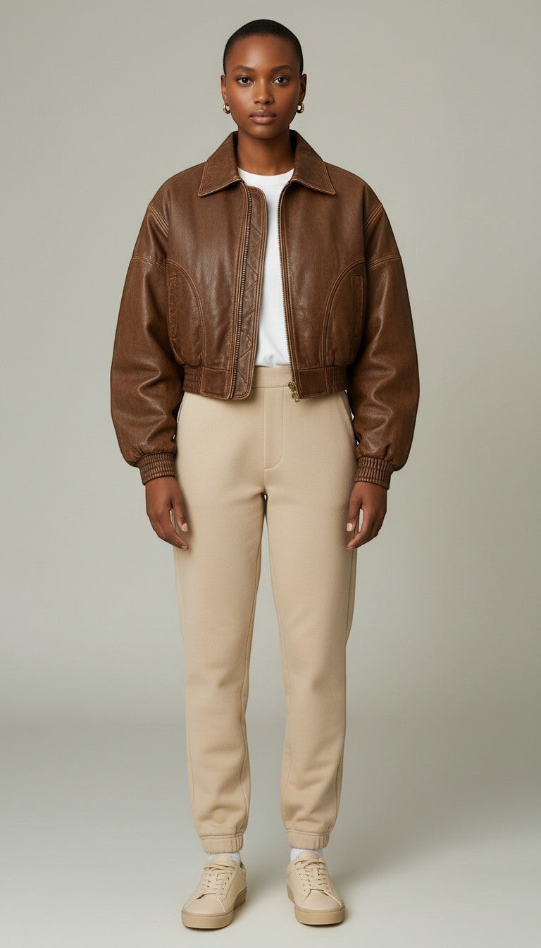 Scarlett Stitch distressed brown leather cropped bomber jacket with collar, zip-front, and elasticated cuffs.