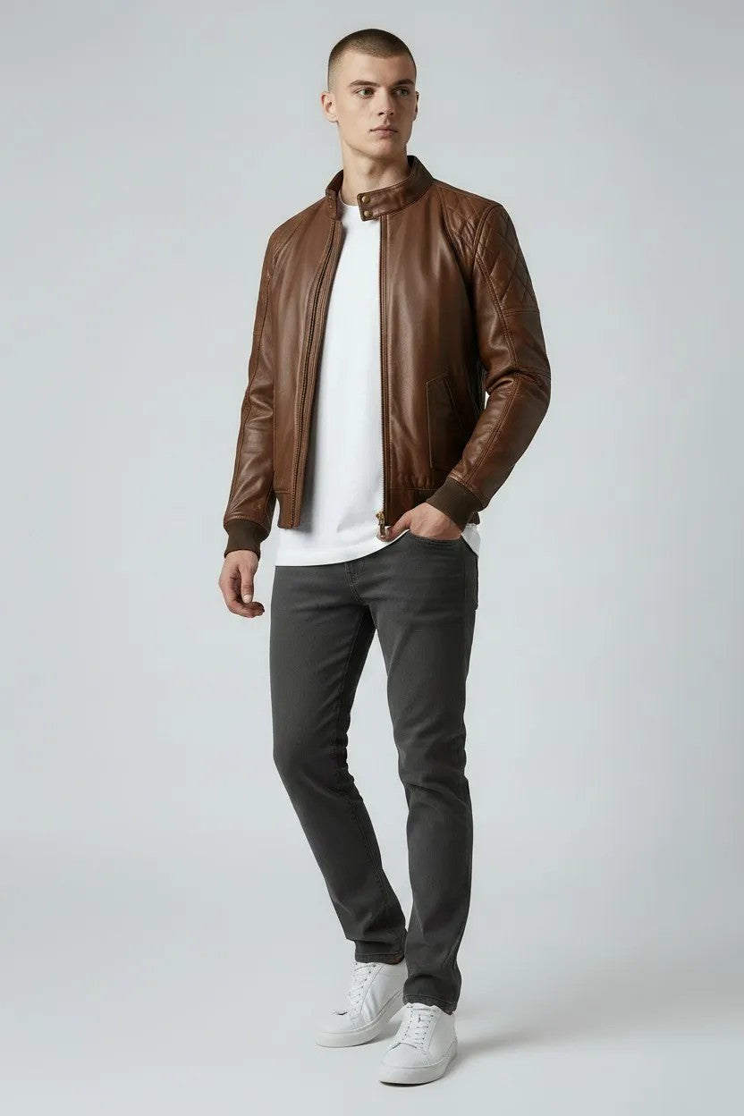Scarlett Stitch men's brown quilted genuine leather bomber jacket with stand collar and ribbed cuffs.