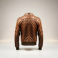 Scarlett Stitch Men's brown quilted genuine leather bomber jacket with ribbed cuffs and hem.
