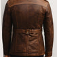 Scarlett Stitch men's brown distressed leather coat with a belted waist, back view, and dark shearling collar detail.
