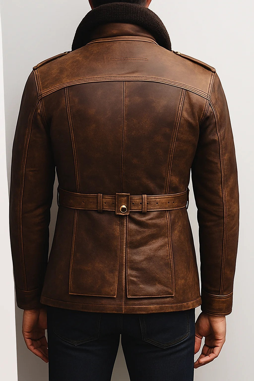 Scarlett Stitch men's brown distressed leather coat with a belted waist, back view, and dark shearling collar detail.