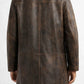 Scarlett Stitch men's distressed brown leather car coat, back view showing mid-length cut and structured collar.