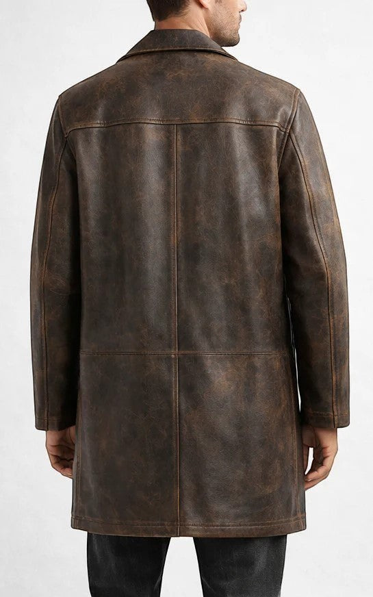 Scarlett Stitch men's distressed brown leather car coat, back view showing mid-length cut and structured collar.