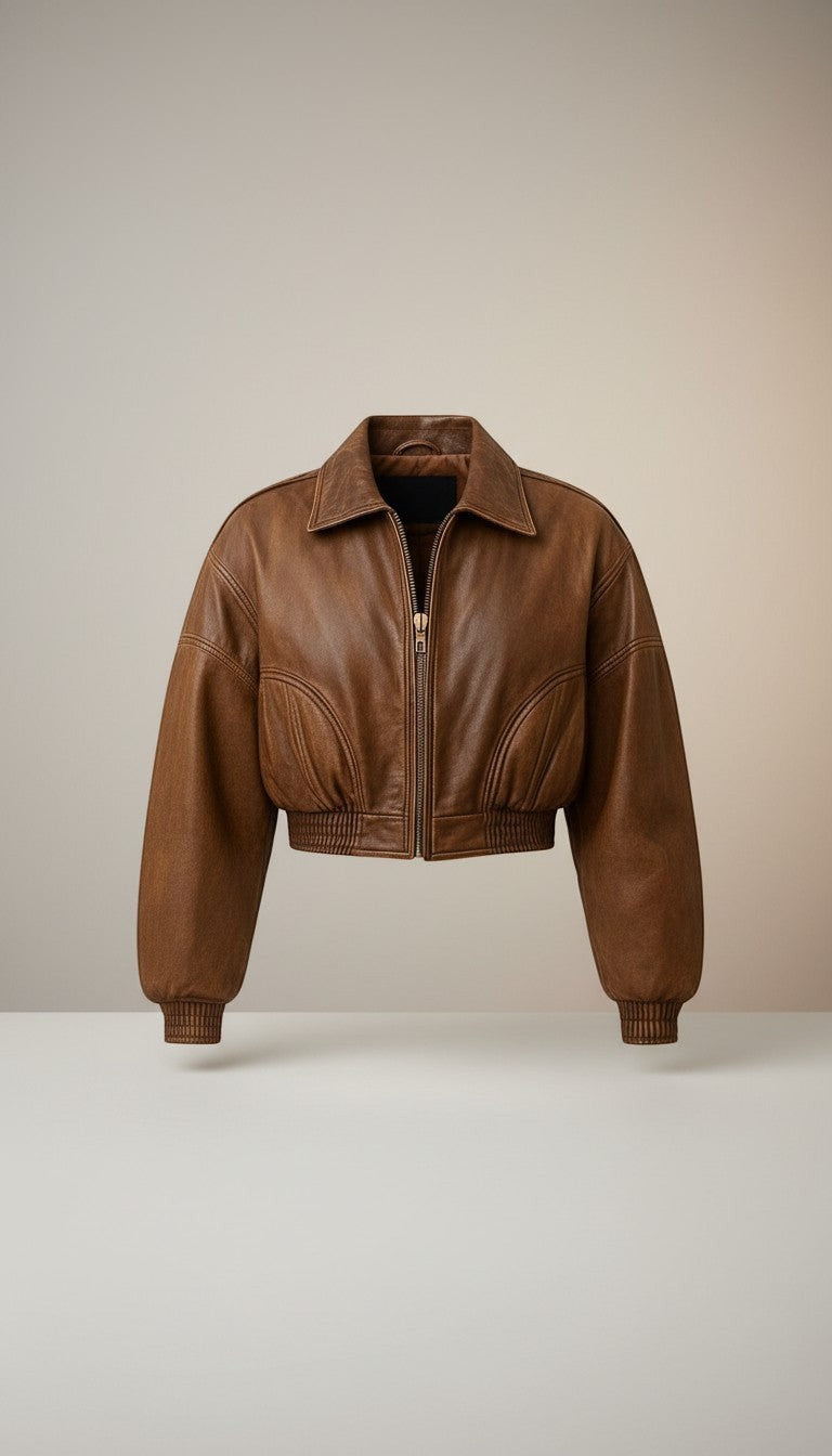Scarlett Stitch distressed brown leather cropped bomber jacket with collar, zip-front, and elasticated cuffs and hem.