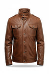 Scarlett Stitch men's brown leather field jacket with chest pockets, stand-up collar, and snap-button front closure.